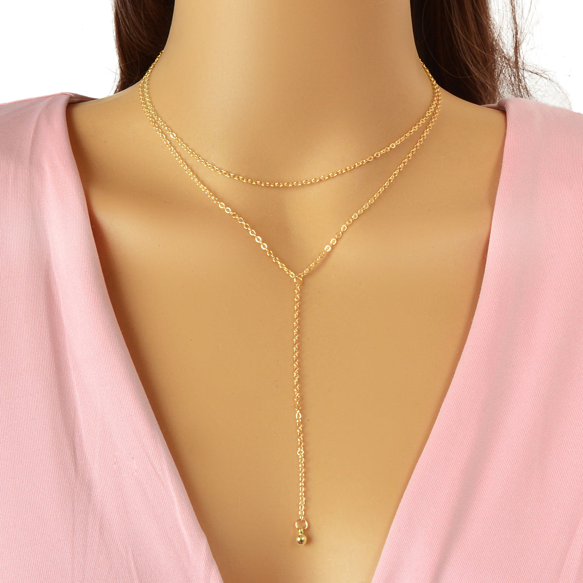 Trendy Double layer Gold Silver Chain Ball Charm Y Style Long Pendant Necklace-4