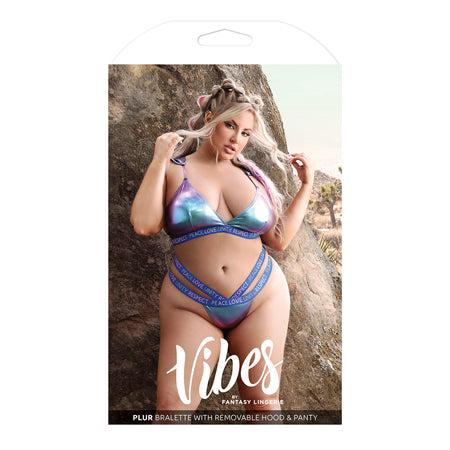 Fantasy Lingerie Vibes Plur Holographic Bralette with Removable Hood & Panty Aqua Holo Queen Size-0