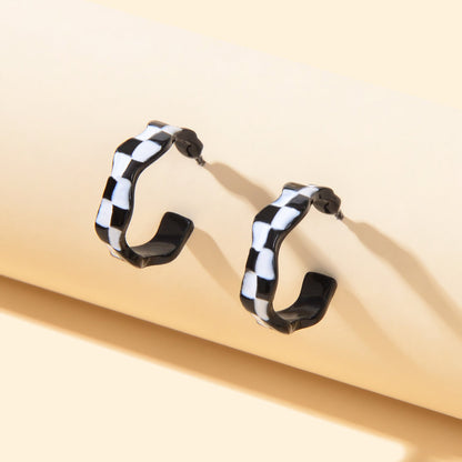 Unique 90s Vintage C Shaped Grid Black White Checkerboard Huggie Hoop Earrings-0