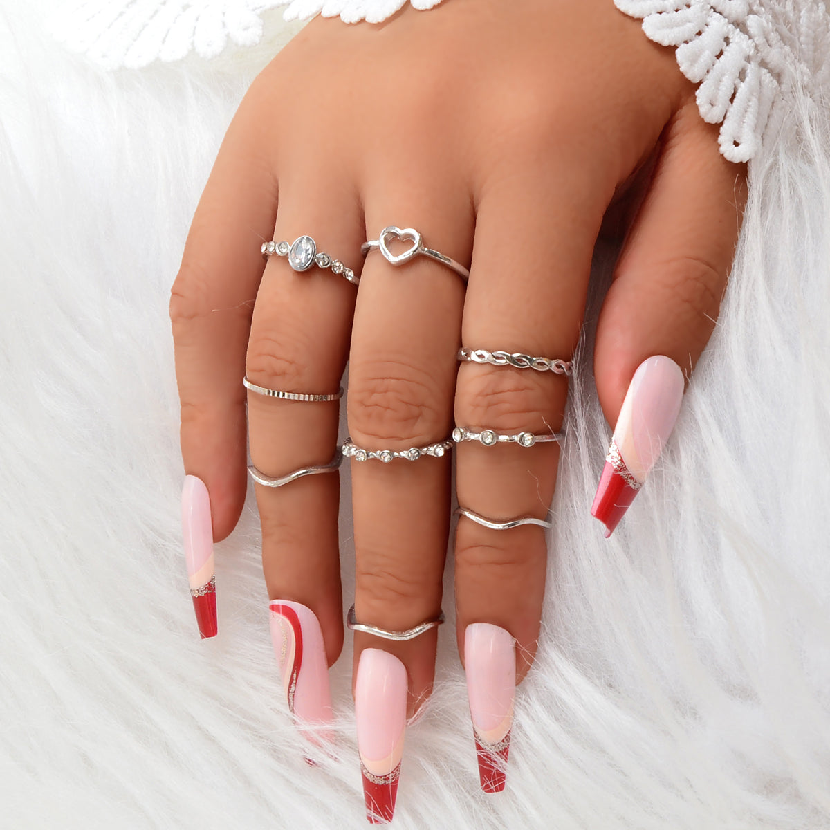 9pcs Bohemian Rhinestone Decor Silver Stackable Midi Multiple Knuckle Rings Set-0