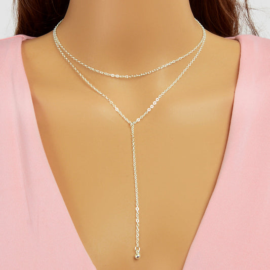Trendy Double layer Gold Silver Chain Ball Charm Y Style Long Pendant Necklace-0