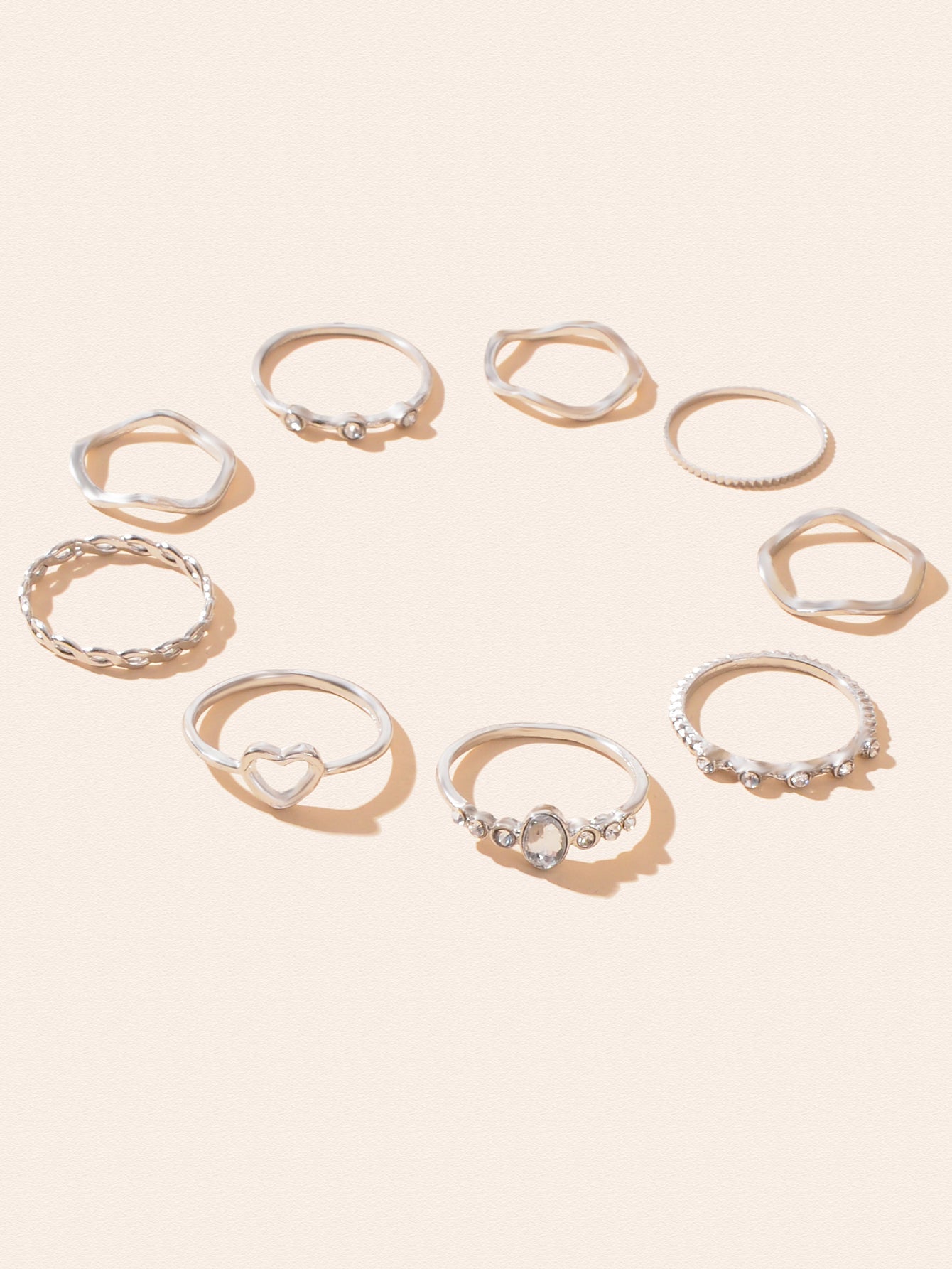 9pcs Bohemian Rhinestone Decor Silver Stackable Midi Multiple Knuckle Rings Set-1