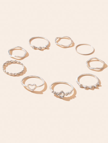 9pcs Bohemian Rhinestone Decor Silver Stackable Midi Multiple Knuckle Rings Set-1