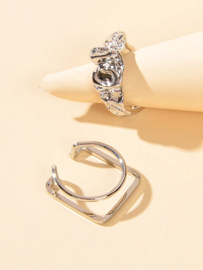 Stackable 2 pcs Gold Silver Geometric Multiple Bulk Pack Open Cuff Ring set Gift-1