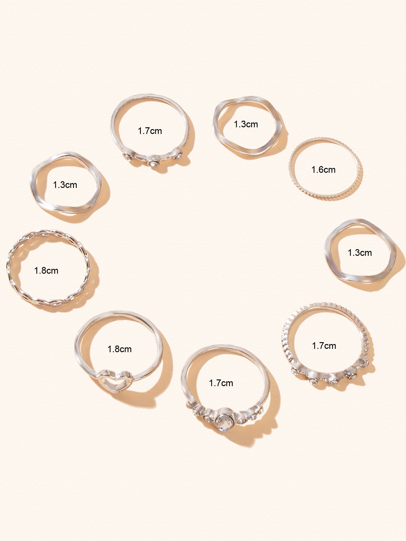 9pcs Bohemian Rhinestone Decor Silver Stackable Midi Multiple Knuckle Rings Set-2