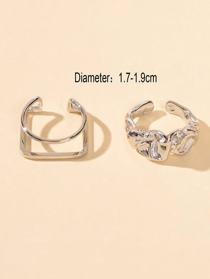 Stackable 2 pcs Gold Silver Geometric Multiple Bulk Pack Open Cuff Ring set Gift-2
