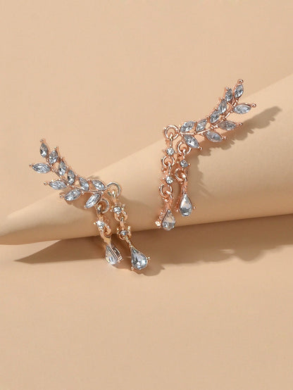 Luxurious Full Rhinestone Gold Silver Water Drop Wing Shape Earrings for Wedding-3